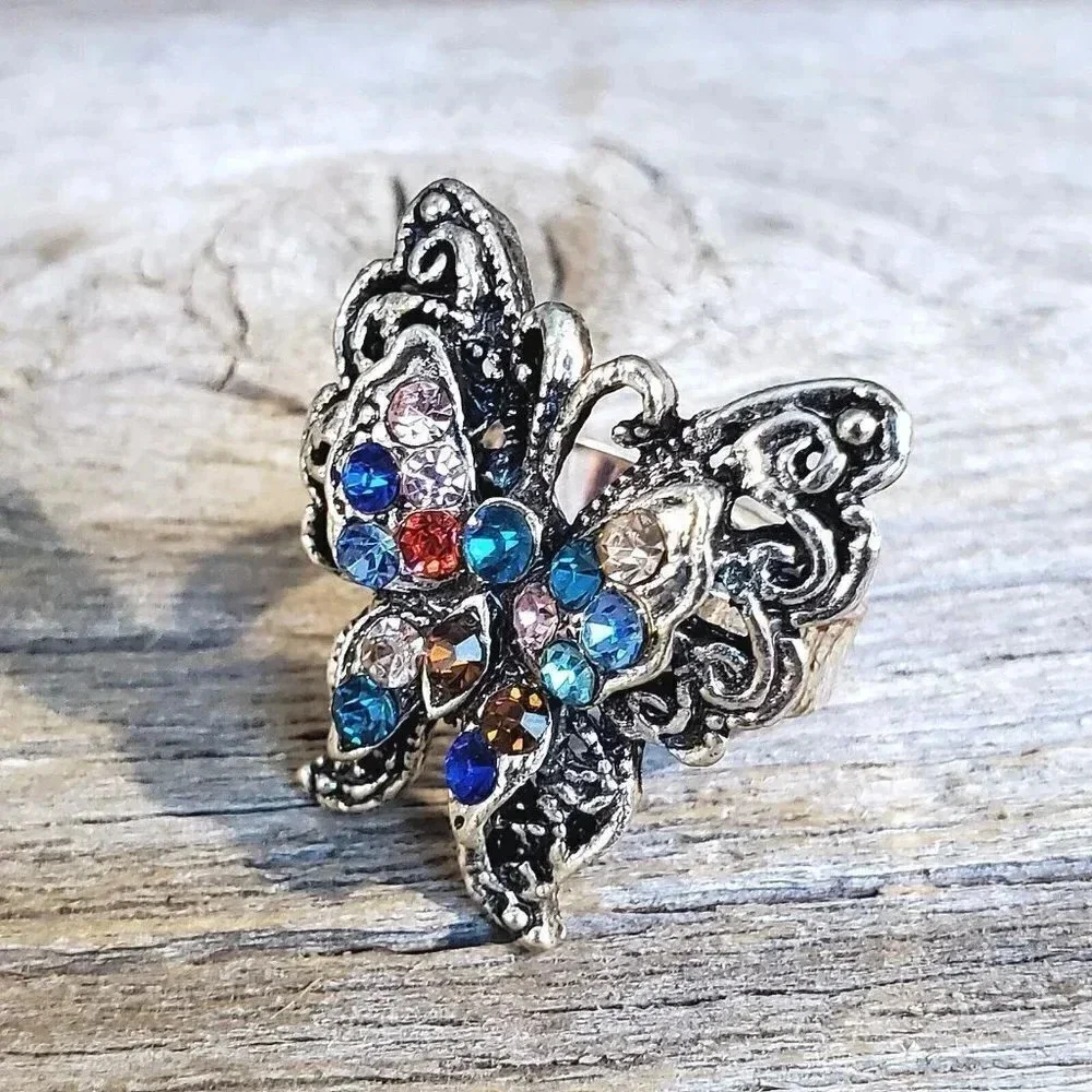 Vintage Y2K 90s Multicolor Crystal Butterfly Silver Adjustable Cocktail Ring